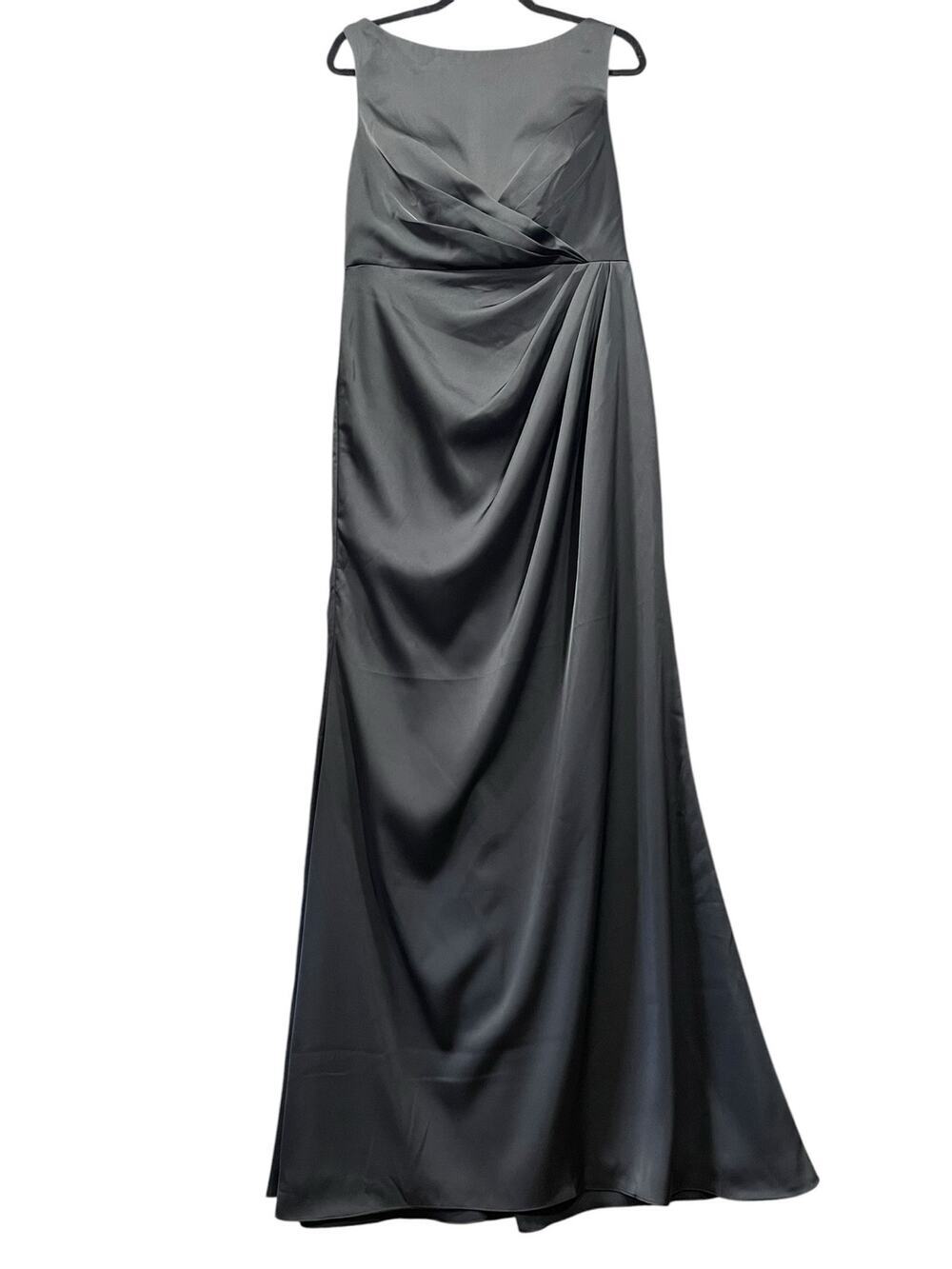 Azazie Baltimore Black Stretch Satin A Line Pleated Floor Length Dress US 12 NWT